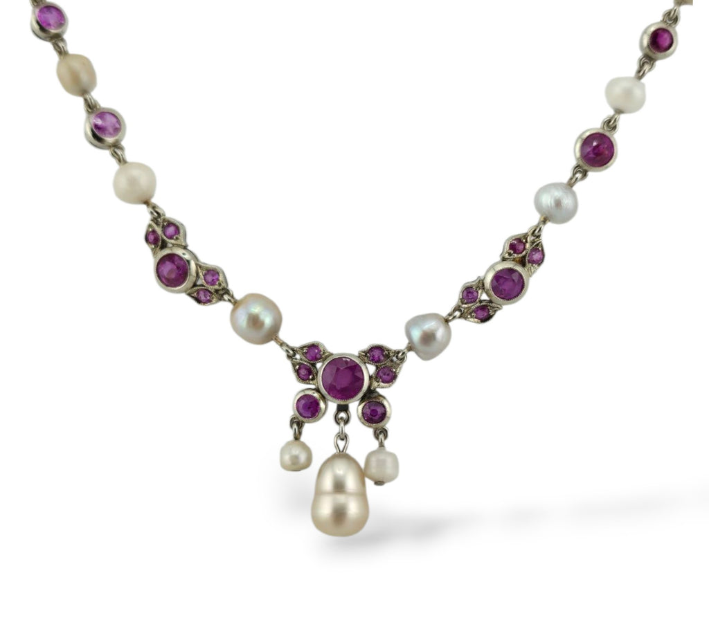 14K Gold Necklace with Natural Rubies and Pearls