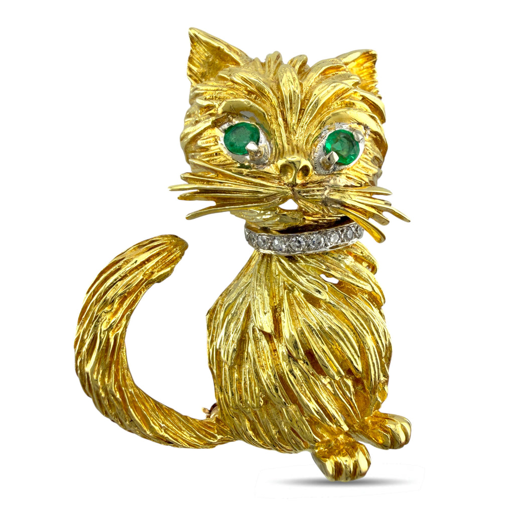 18K Yellow Gold Diamond and Emerald Cat Brooch