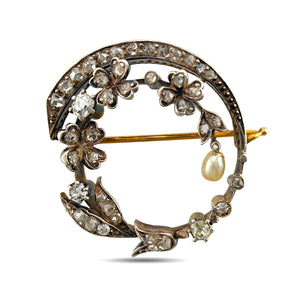 Karl Faberge Imperial Russian 56 Rose Gold 1.75ct Diamond and Pearl Floral Brooch