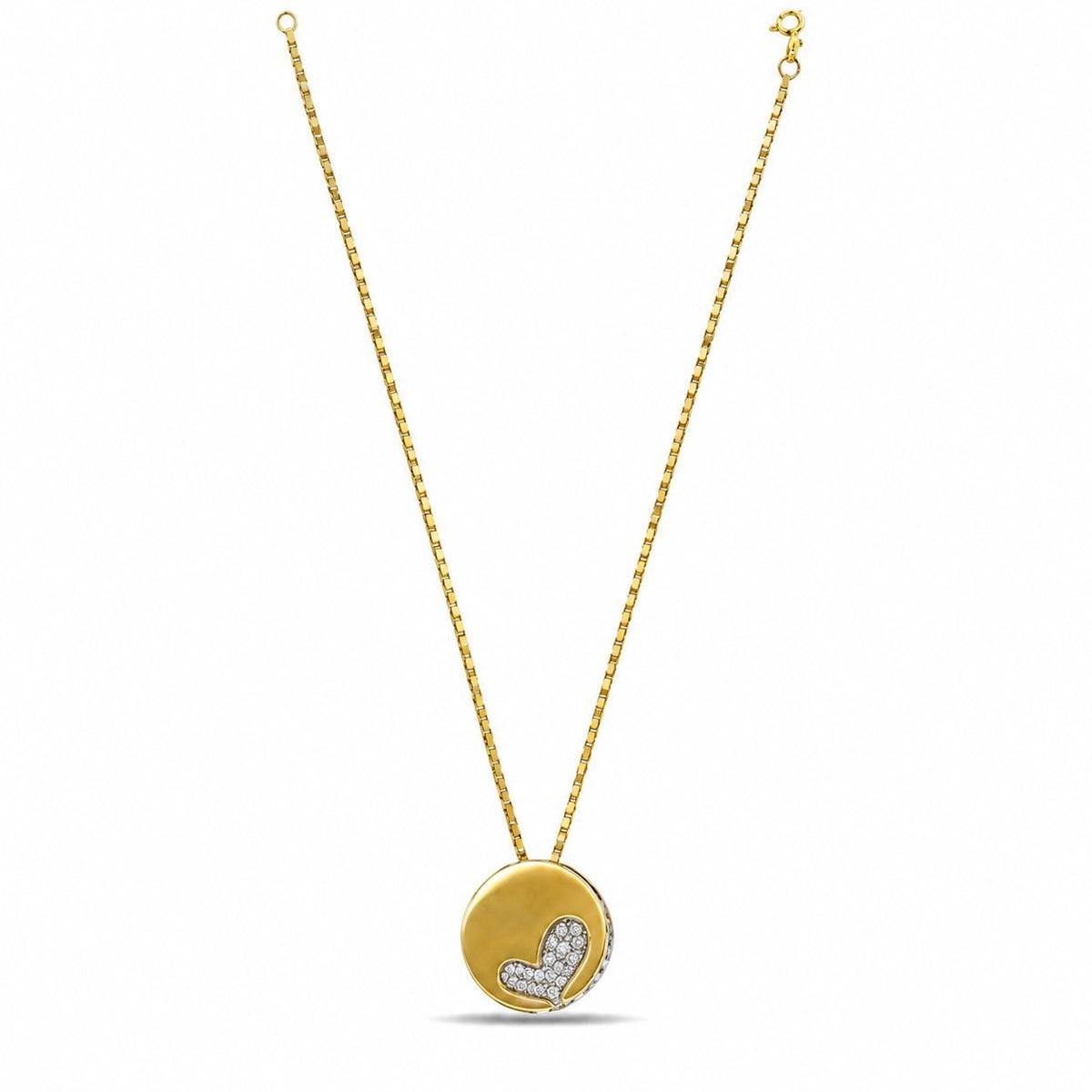 Two-tone gold heart pendant with diamond-set heart on a thin gold chain.