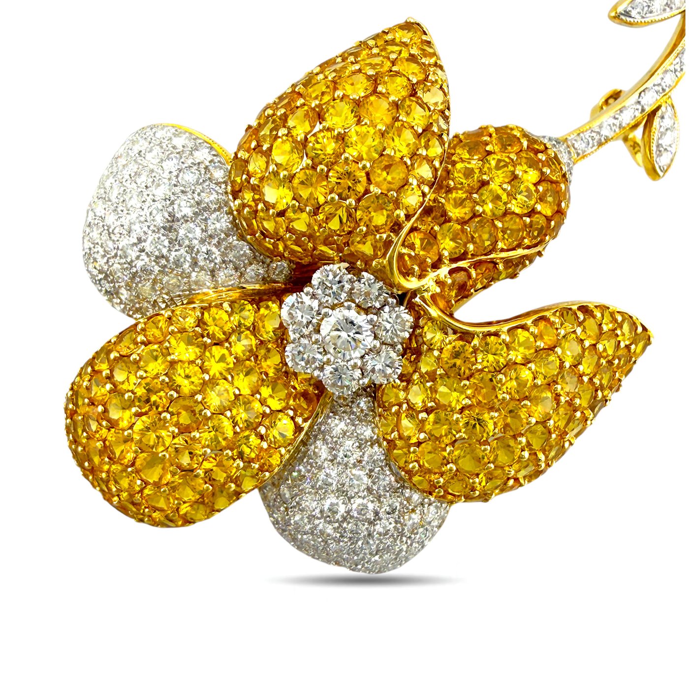 18K yellow gold diamond and citrine flower brooch