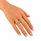 18K rose gold diamond cluster ring on finger, side angle