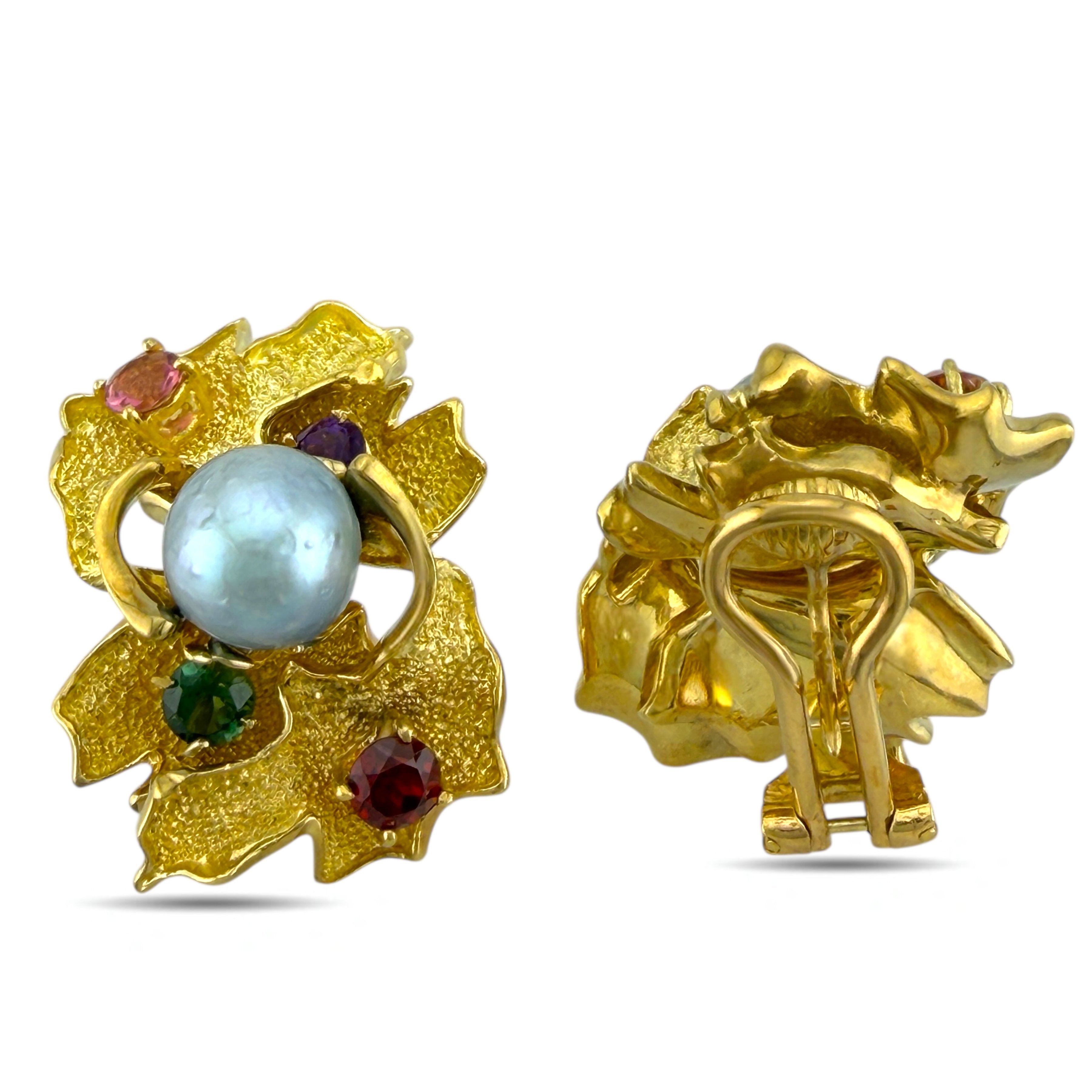 18K Yellow Gold Multi-Gemstone and Pearl Earrings