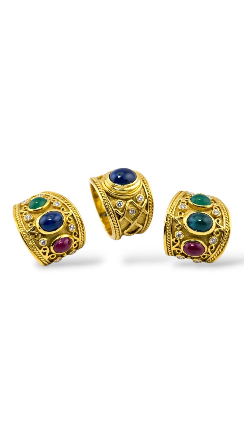 18K Yellow Gold Sapphire Diamond Ring and Earrings Set