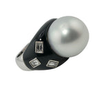 Art Deco 18K White Gold Ring with Pearl, Onyx and Emerald-Cut Diamonds