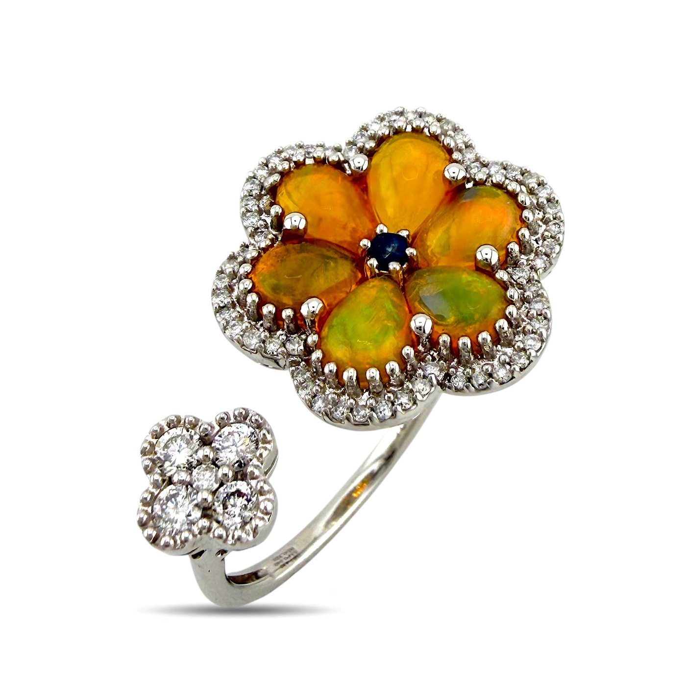 14K White Gold 1.43ct Opal, Sapphire and 0.32ct Diamond Flower Bypass Ring