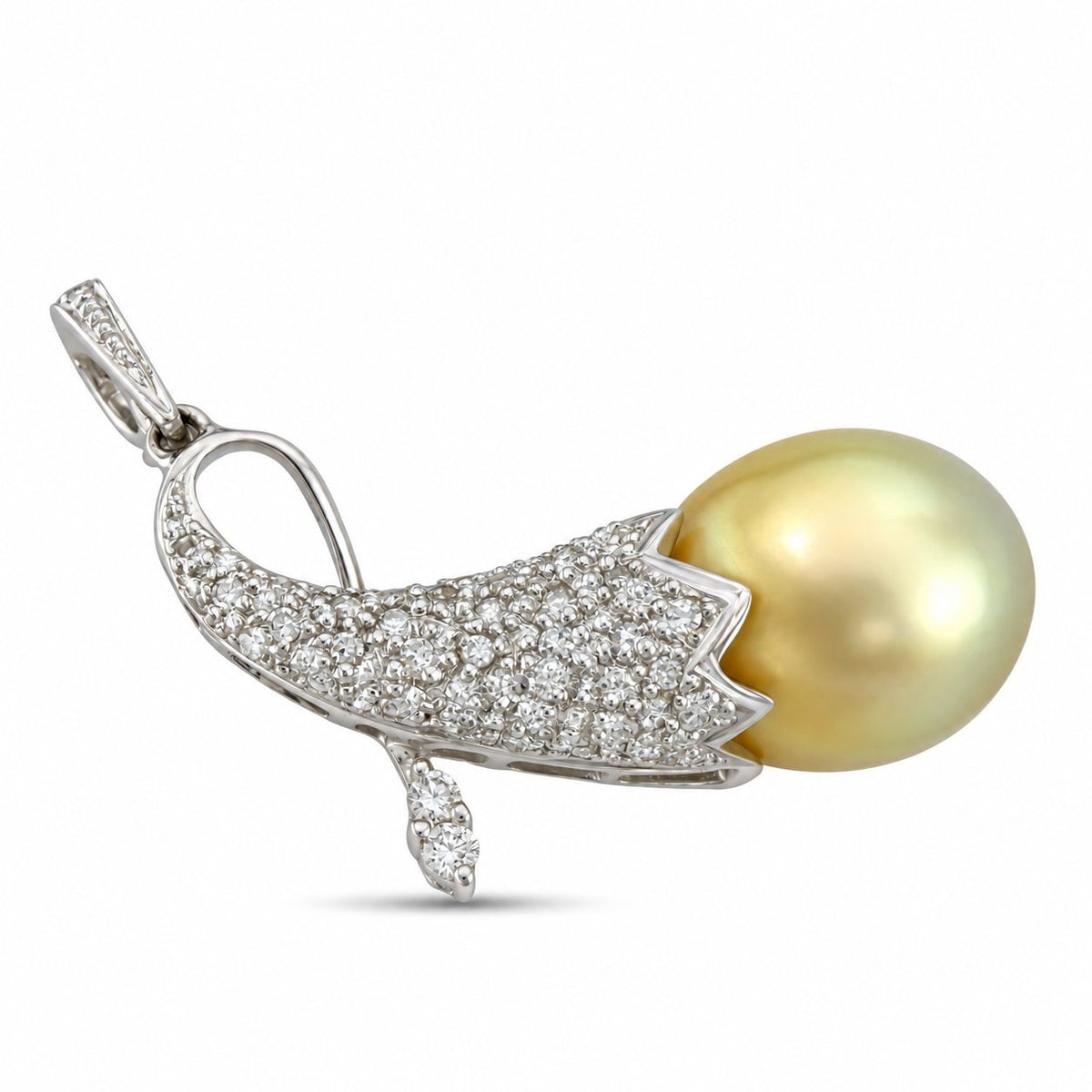 White gold diamond and pearl Viking horn brooch