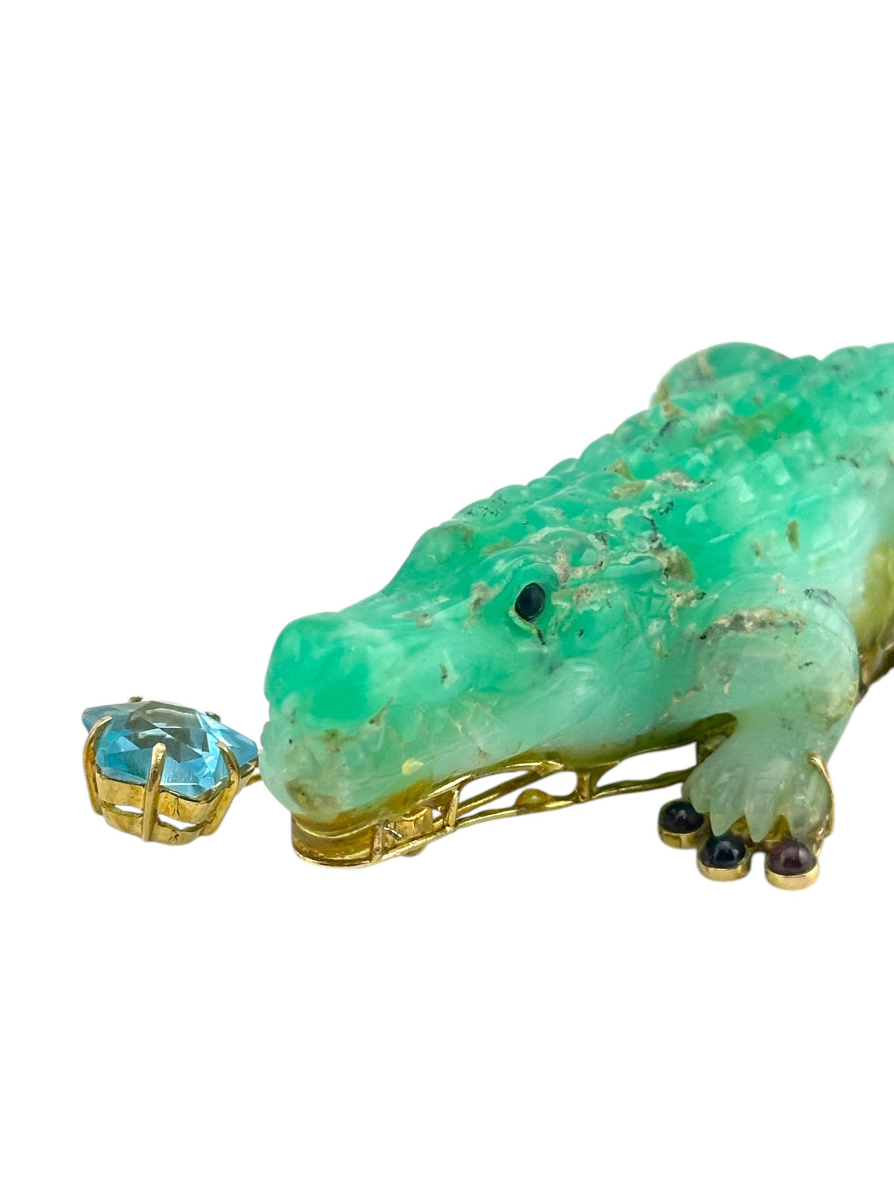 14K Yellow Gold and Jade Crocodile Brooch with Opal Rubies and Blue Topaz
