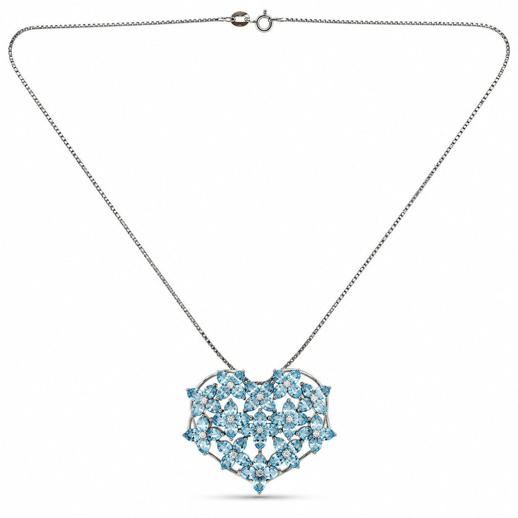 Heart pendant necklace with sky-blue stones and diamond clusters, on silver chain