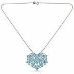 Heart pendant necklace with sky-blue stones and diamond clusters, on silver chain