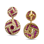 Ruby and diamond drop earrings, pair with gold backing and dangling purple gemstone circles