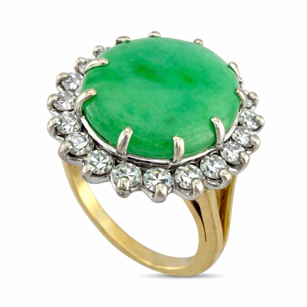 14K Yellow Gold 5.25ct Jade and 0.55ct Diamond Halo Ring