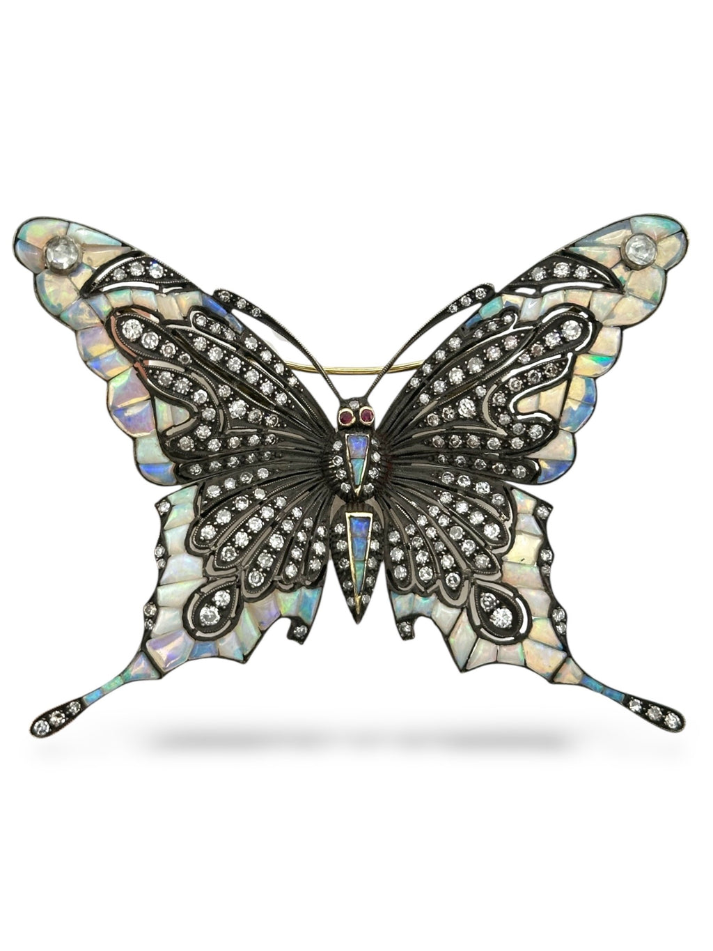 18K Yellow Gold Large Butterfly Brooch with Diamonds, Opals and Ruby Eyes Signed Art Deco