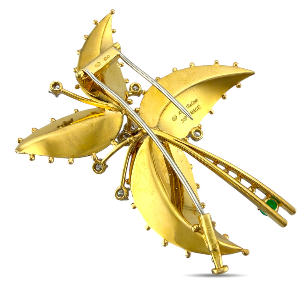 Cartier 18K Yellow Gold 0.9ct Diamond and 0.9ct Emerald Palm Flower Brooch
