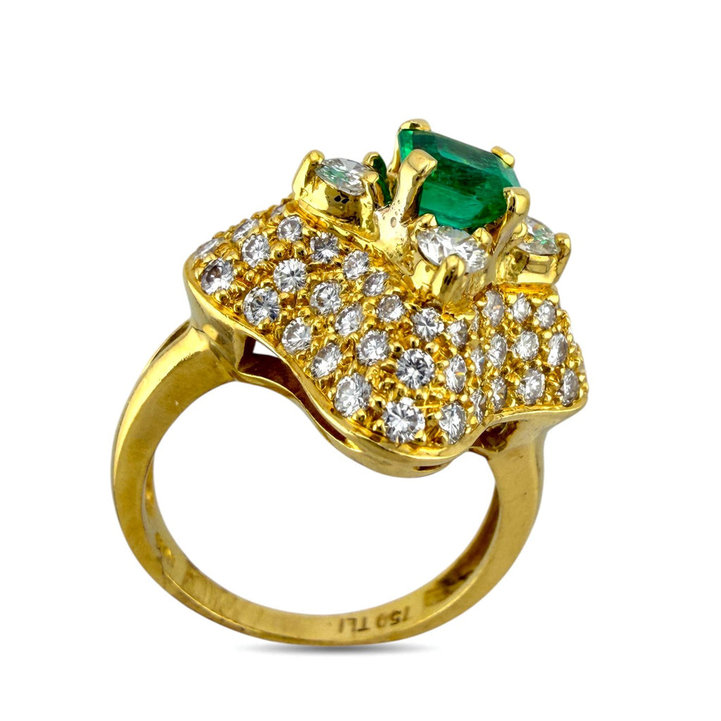 18K Yellow Gold 0.80ct Emerald and 1.08ct Diamond Cocktail Ring