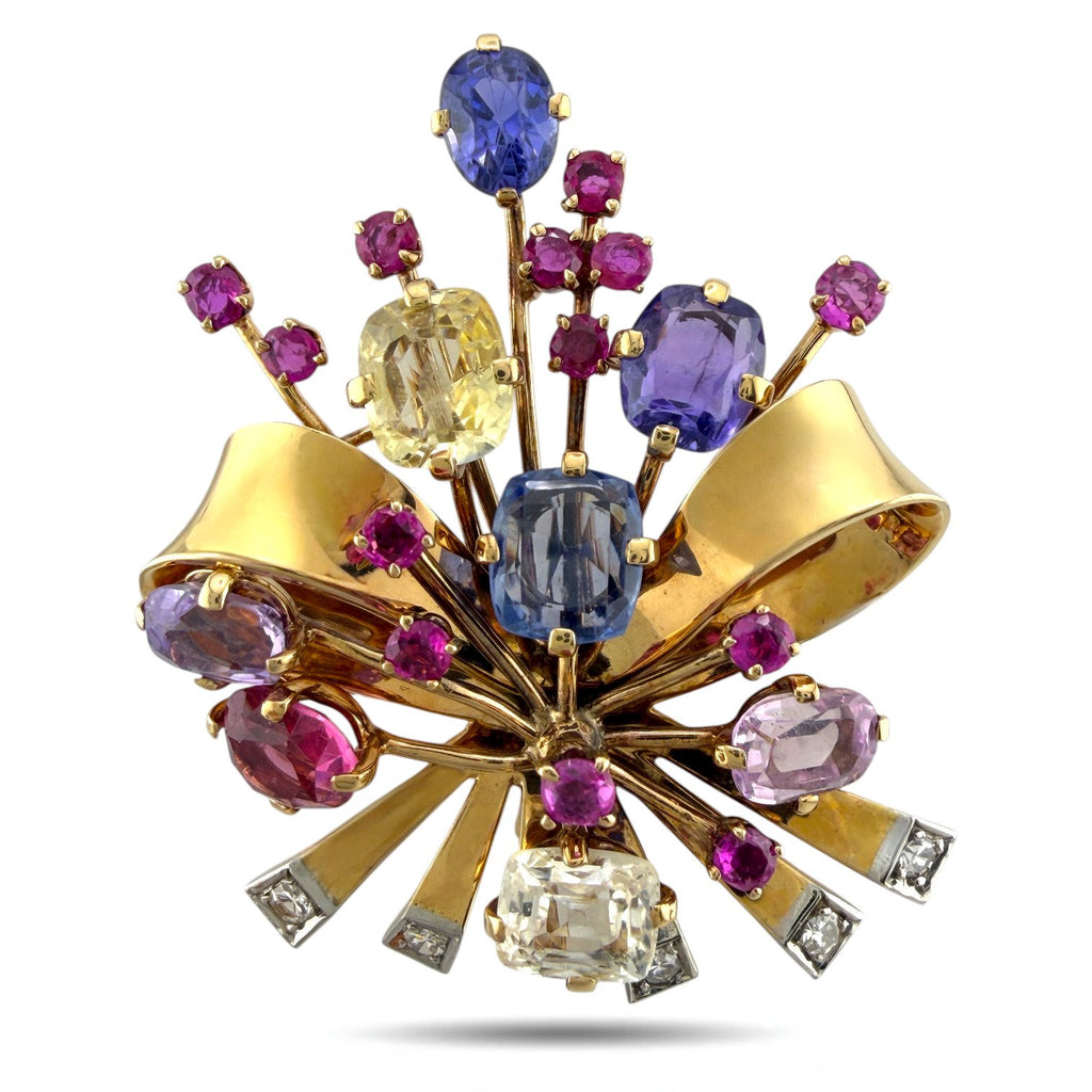 18K Gold and Platinum Brooch with Diamonds, Rubies, and Multicolor Sapphires