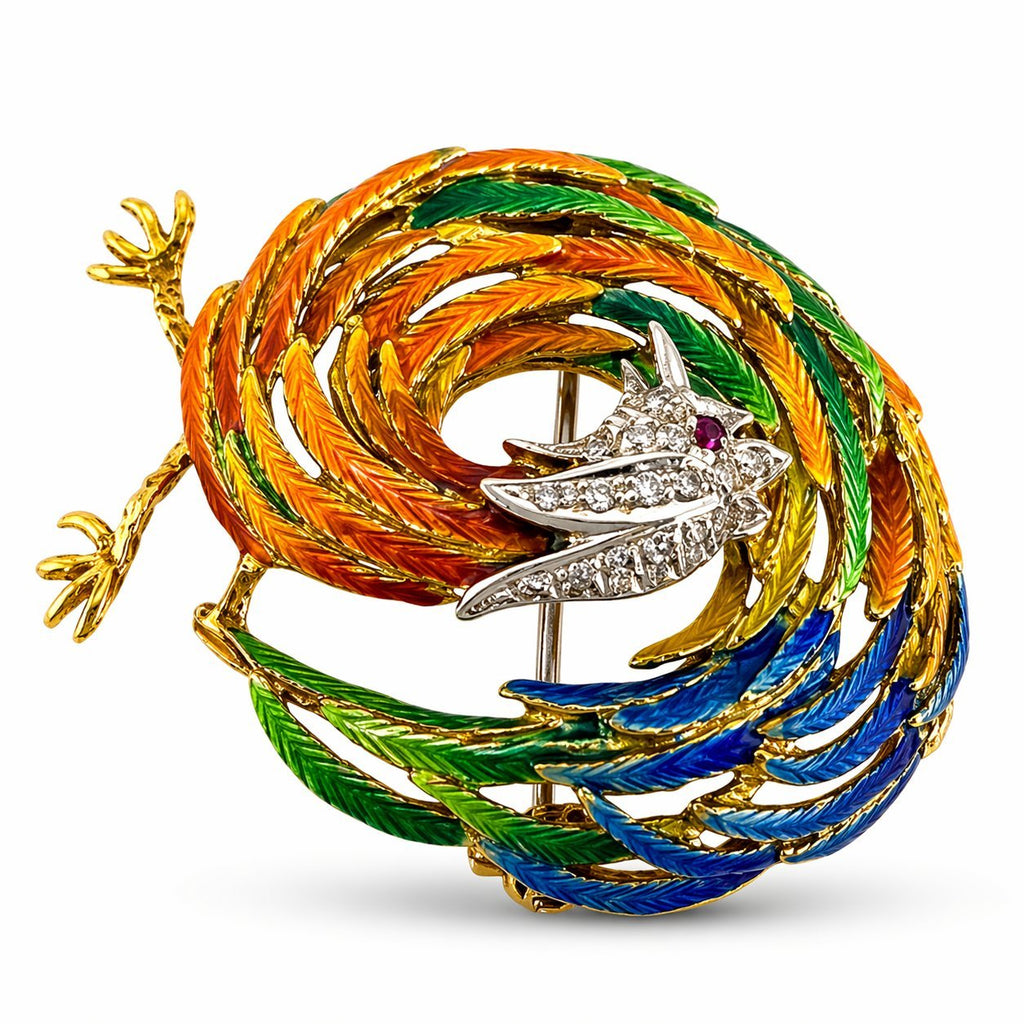 18K Yellow Gold Enamel Ruby and 0.11ct Diamond Rooster Brooch
