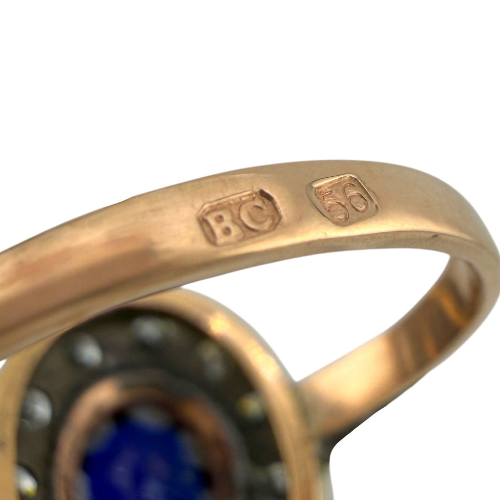 K. Faberge Imperial Russian 56K Rose Gold 1.00ct Diamond and 1.90ct Sapphire Ring