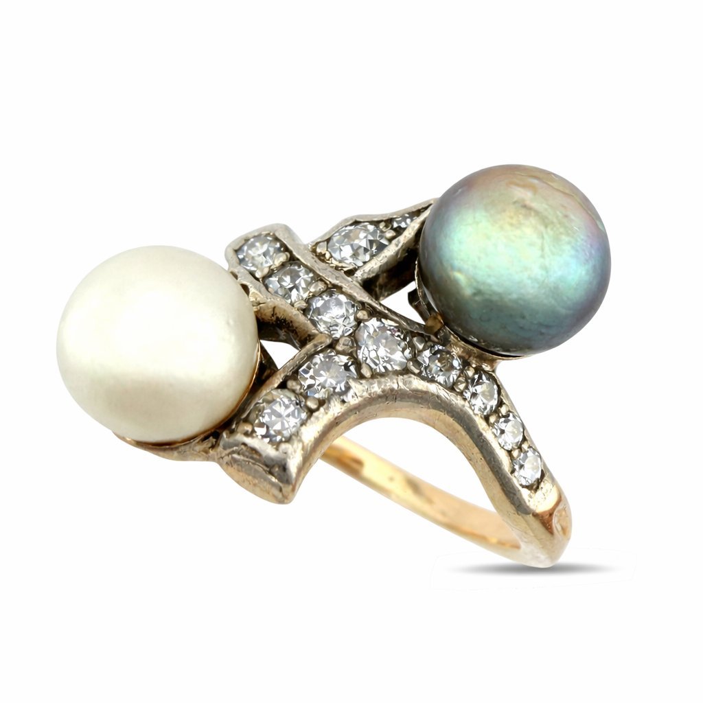 Antique 14K Rose Gold Pearl and 0.4ct Diamond Ring