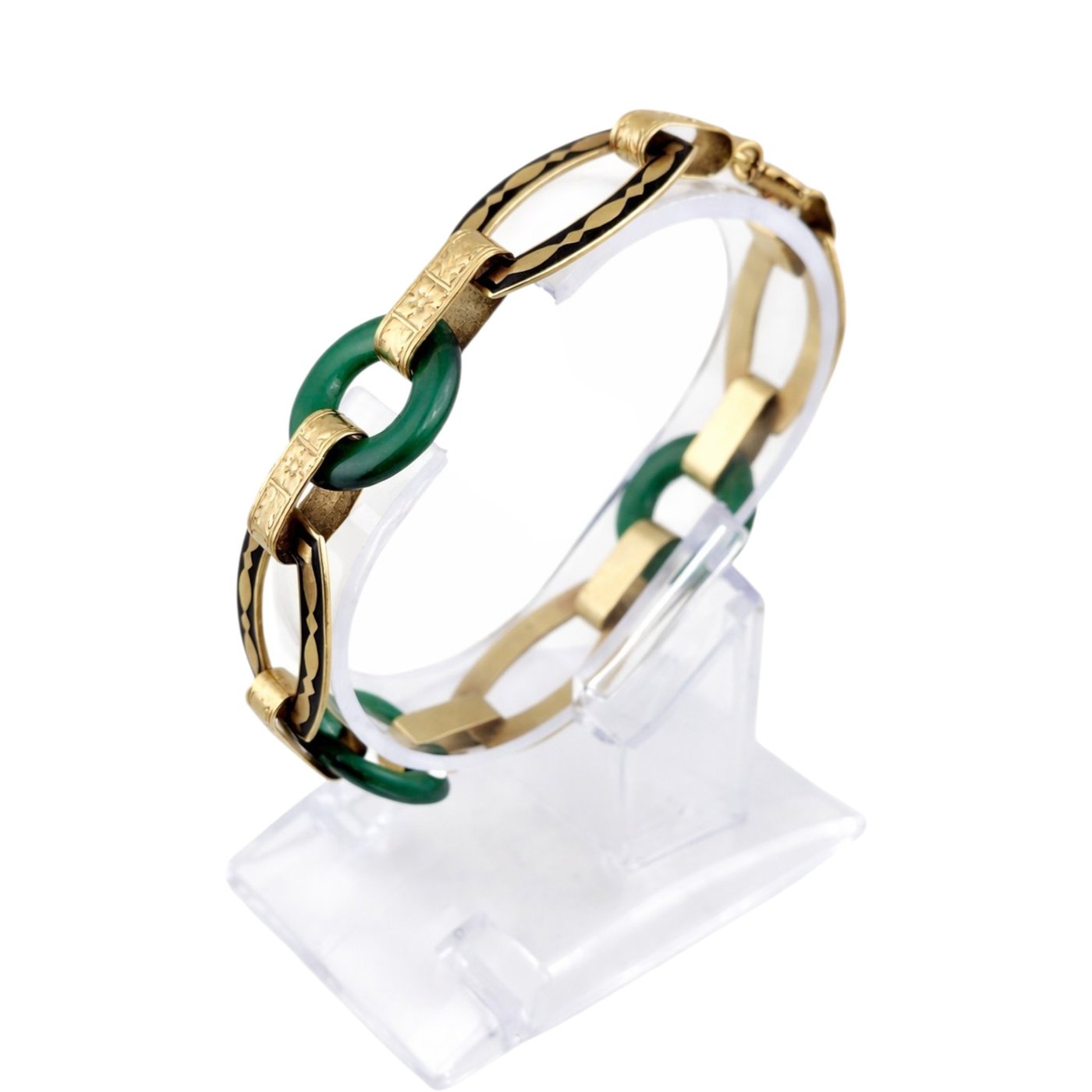 Antique Art Deco Carved Undyed Green Onyx and Black Enamel 14K Gold Bracelet