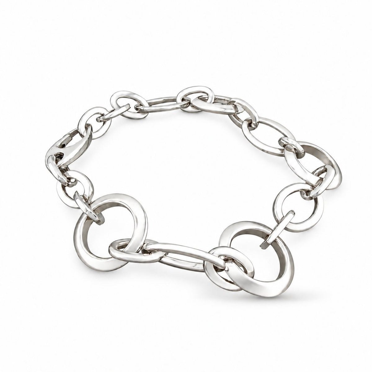White gold interlocking circle and oval link bracelet, angled view