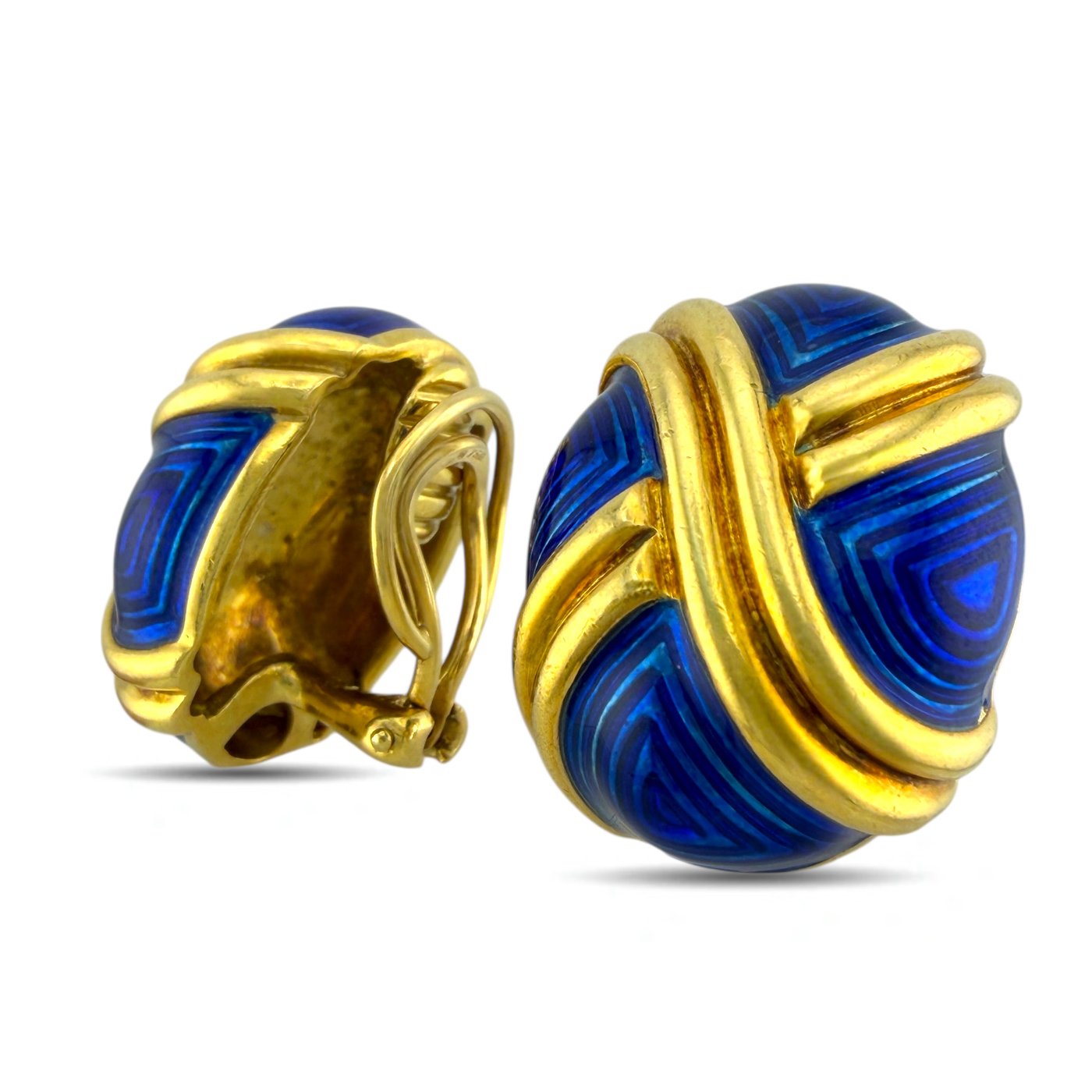 Vintage 18K Yellow Gold Blue Enamel Earrings