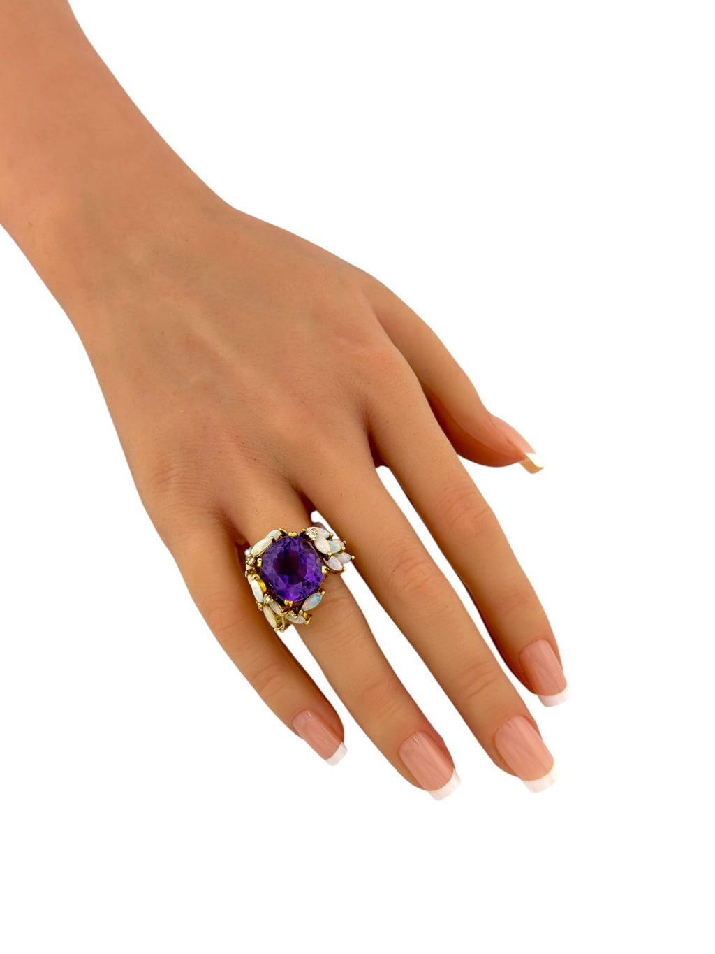 18K Yellow Gold 12.00ct Amethyst  0.20ct Diamond & Marquise Cut Opal Ring