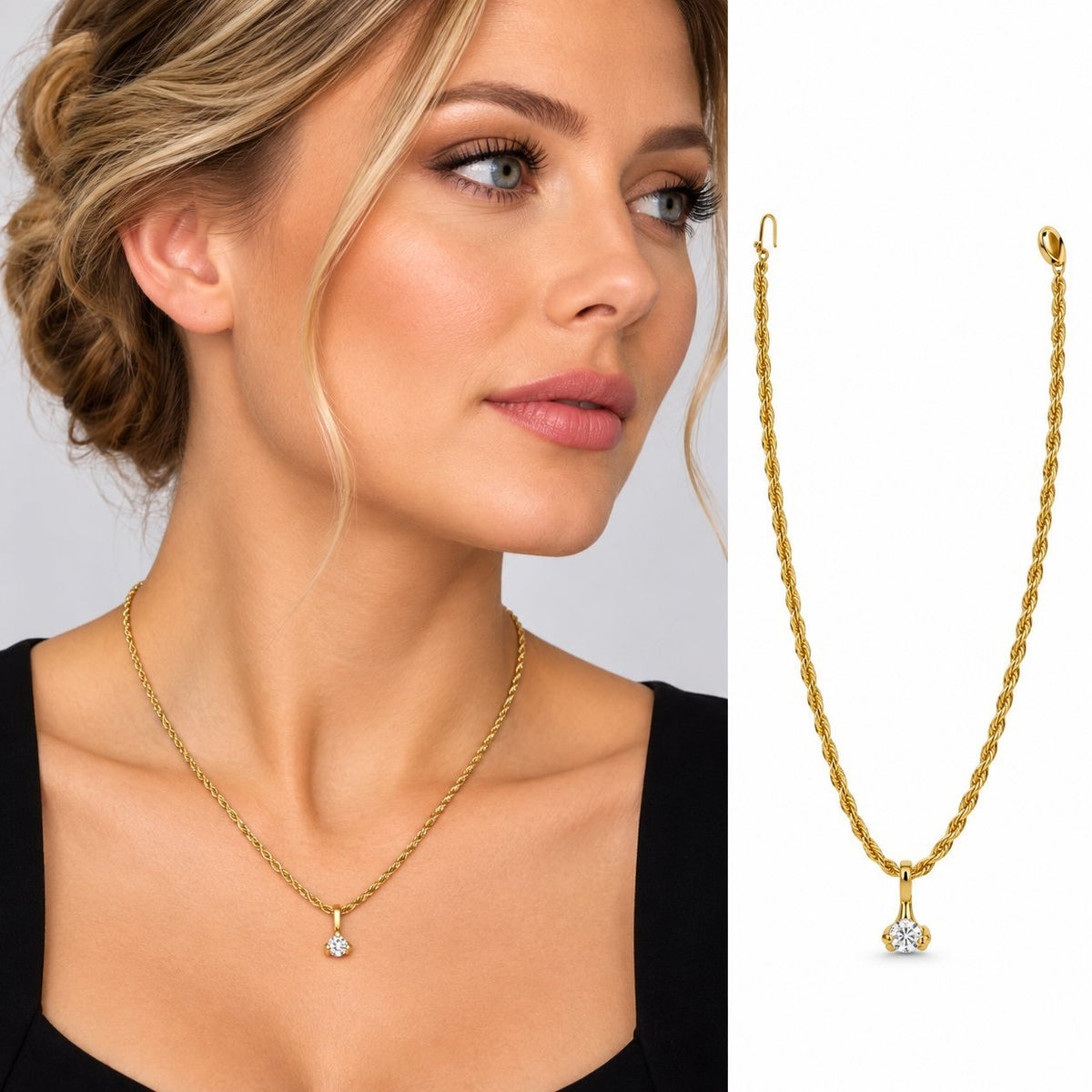 Gold rope necklace with small heart-shaped diamond pendant