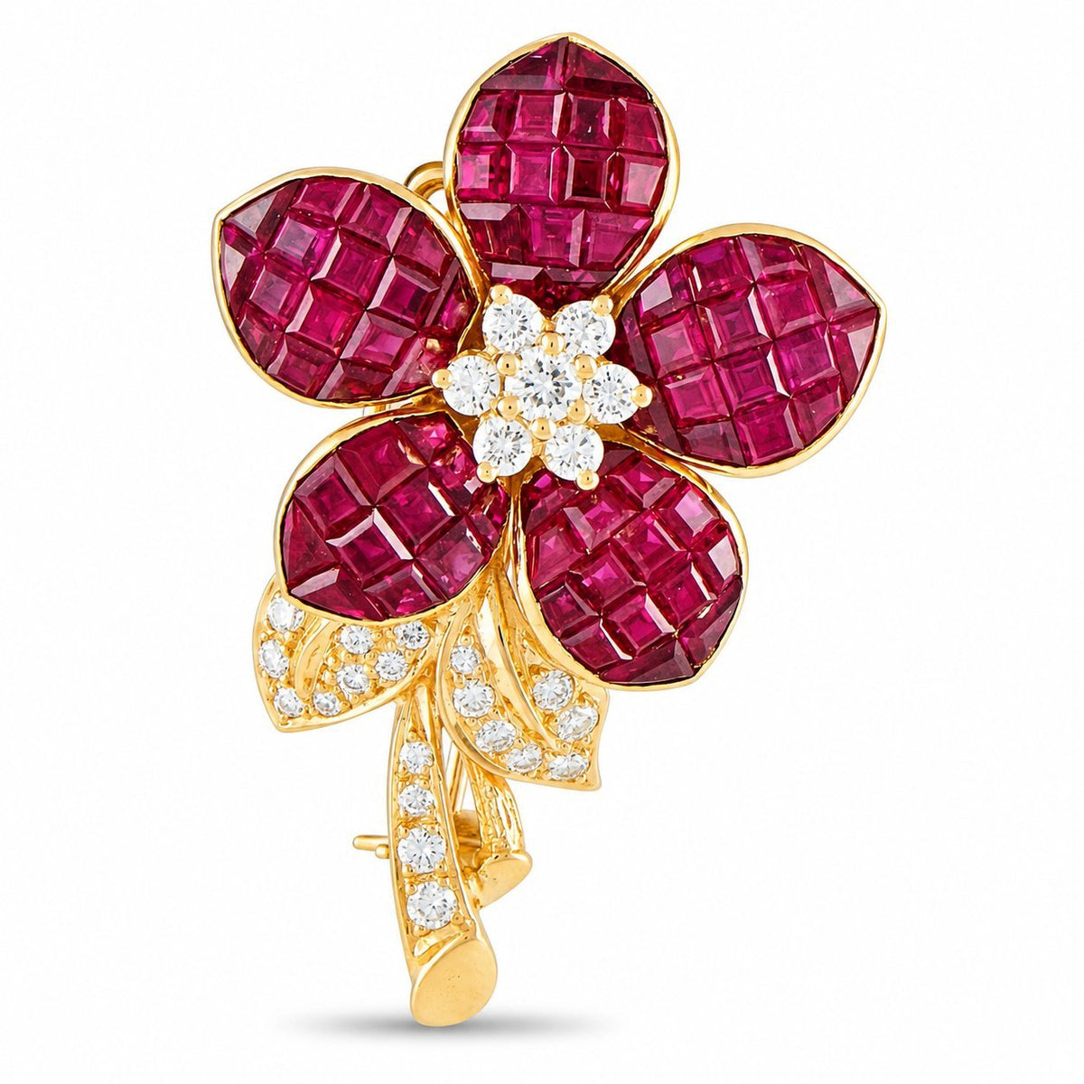18K Yellow Gold 4.75ct Invisible-Set Ruby & 0.45ct Diamond Flower Brooch - 5.20ct. tw. Ruby - Diamond