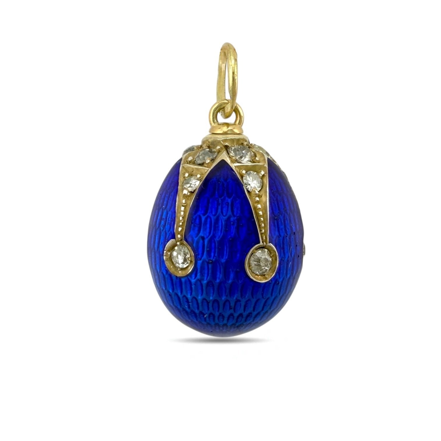 Imperial Russian 14K Yellow Gold and Blue Enamel 0.9ct Diamond Egg Pendant