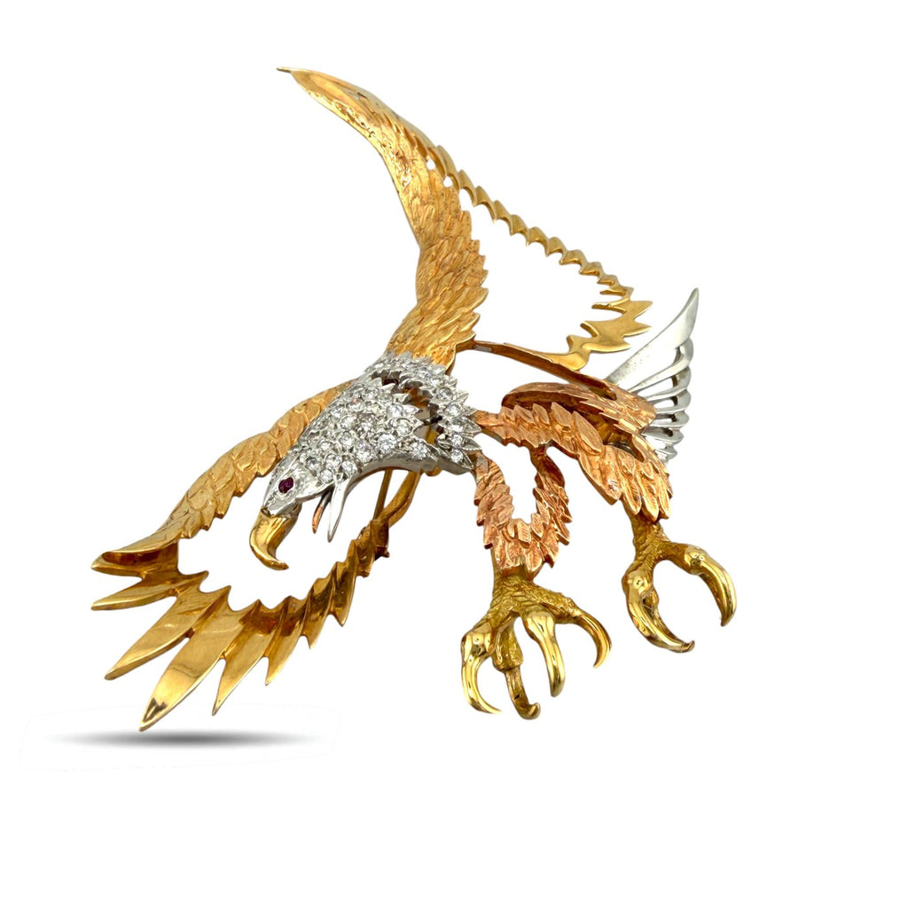 14K Tri-Color Gold 1.0ct Diamond Eagle Silhouette Large Brooch