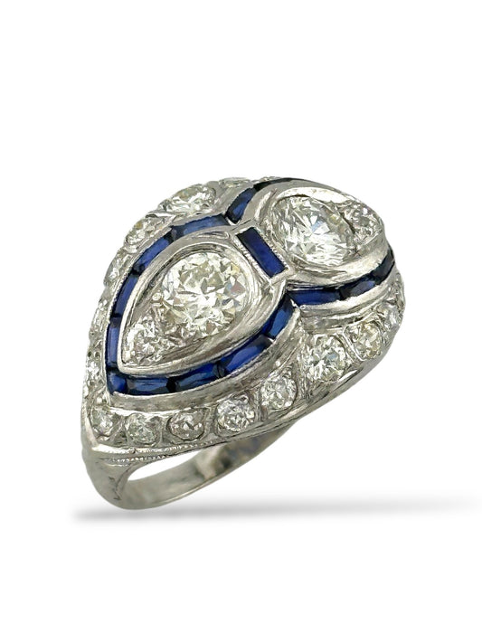 Platinum Art Deco Ring with 1.60 Carats of Diamonds and French-Cut Sapphires