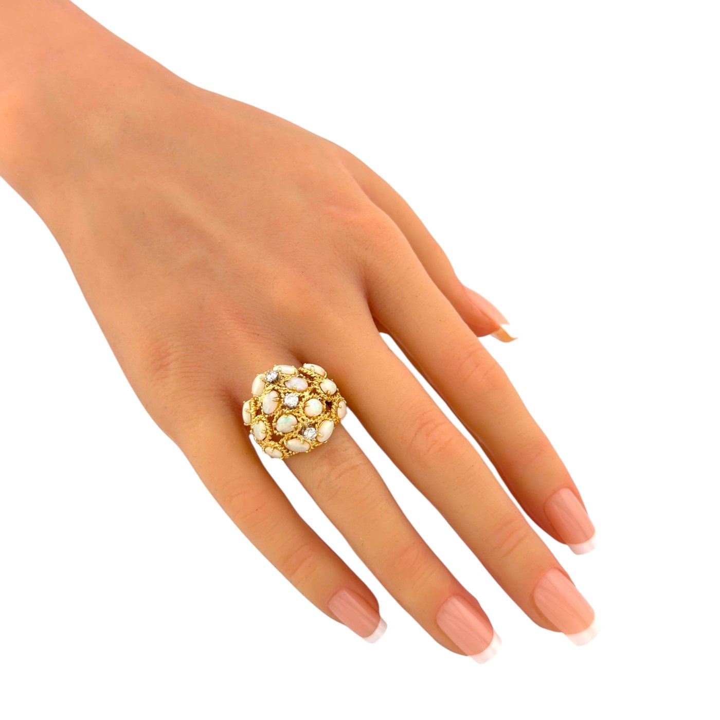 14K Yellow Gold Textured 2.10ct Opal and 0.30ct Diamond Ring