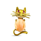 18K Yellow Gold Italian Coral and Ruby Kitten Brooch