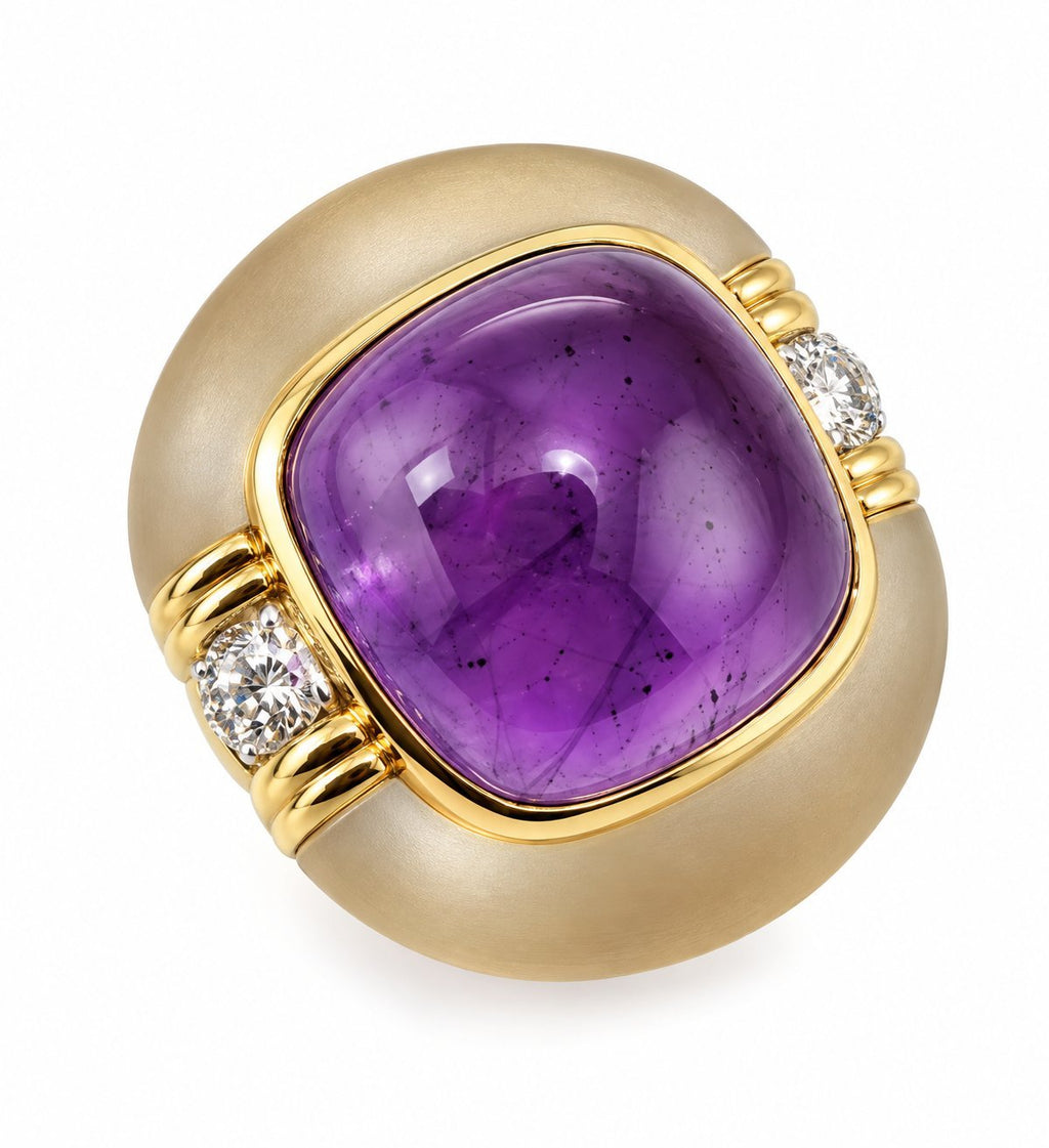 Oval amethyst gemstone yellow gold ring with diamond accents, split shank