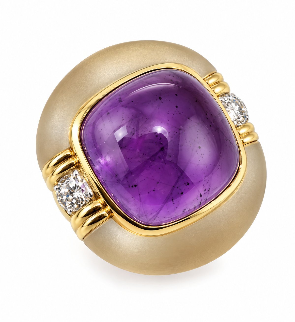 Oval amethyst gemstone yellow gold ring with diamond accents, split shank