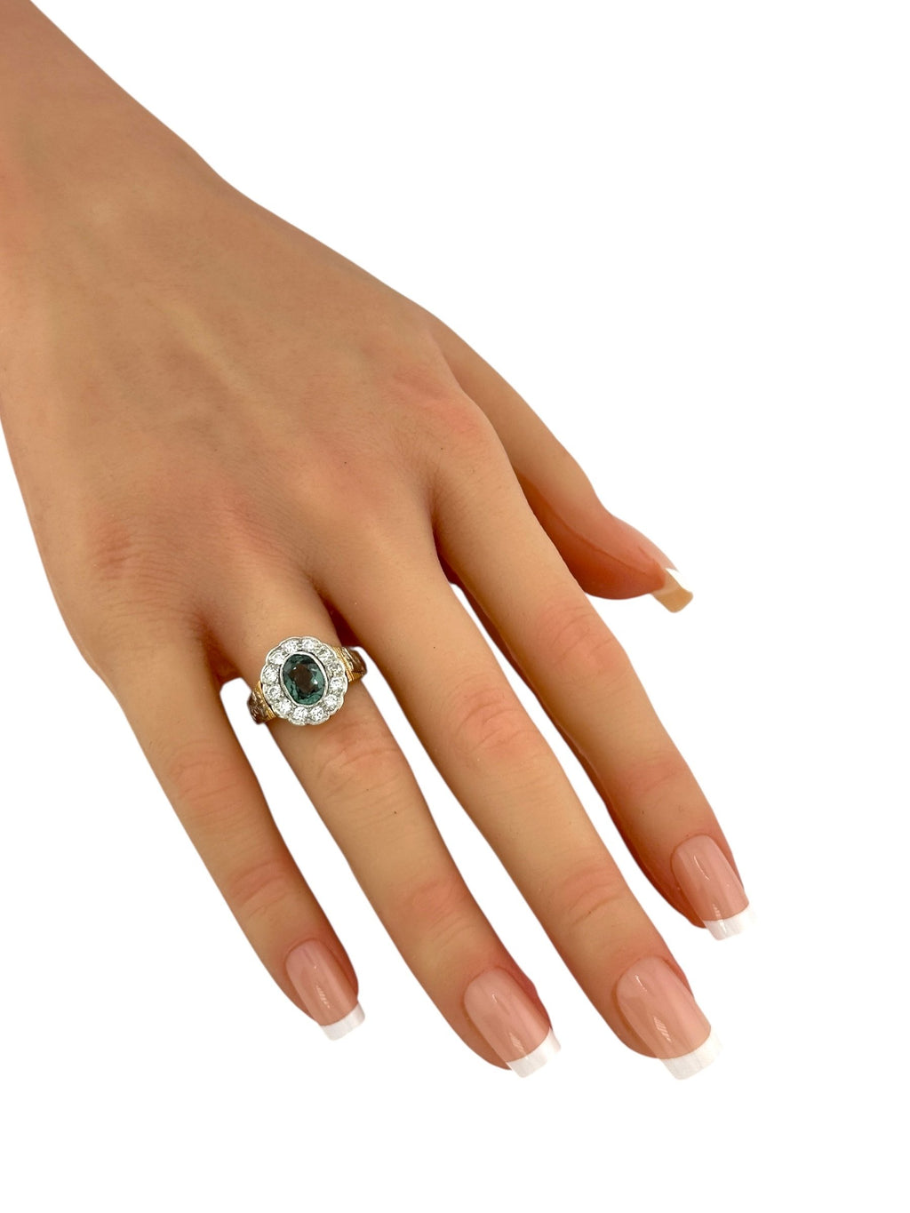 Antique 14K Rose Gold Ring with Diamonds and Green Tourmaline