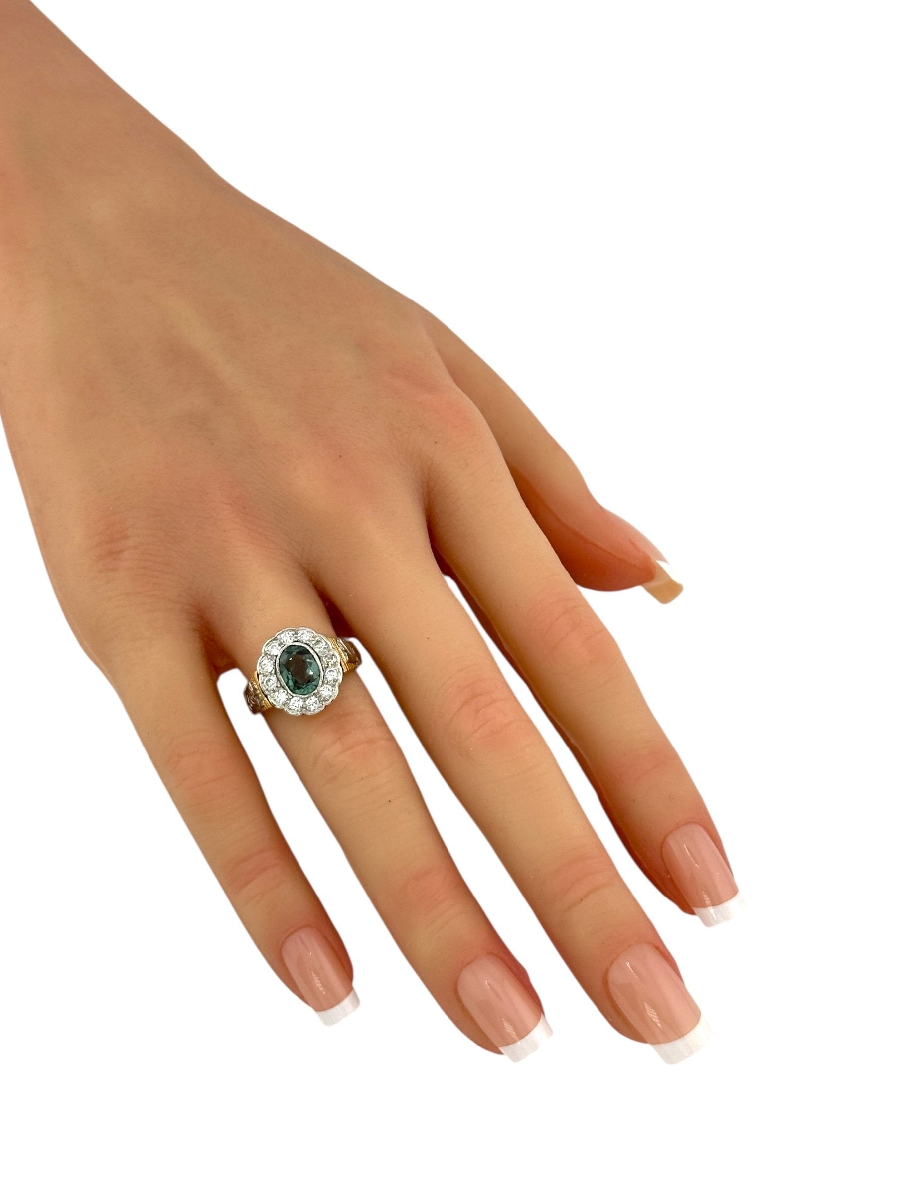 Antique 14K Rose Gold Ring with Diamonds and Green Tourmaline