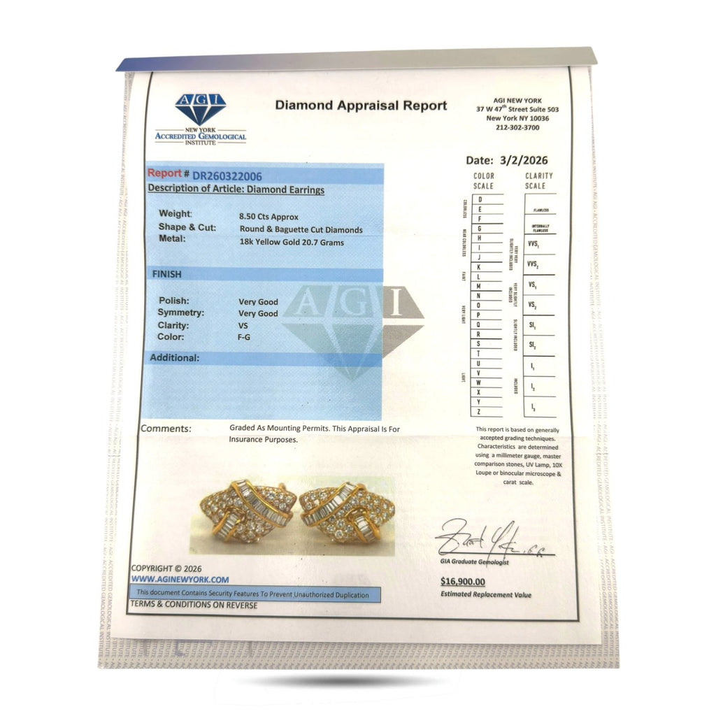 Certified 18K Yellow Gold 8.5ct Diamond Earrings