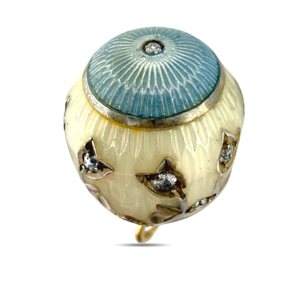 Antique Russian 14K Yellow Gold, Blue and White Enamel 0.3ct Diamond Egg Pendant
