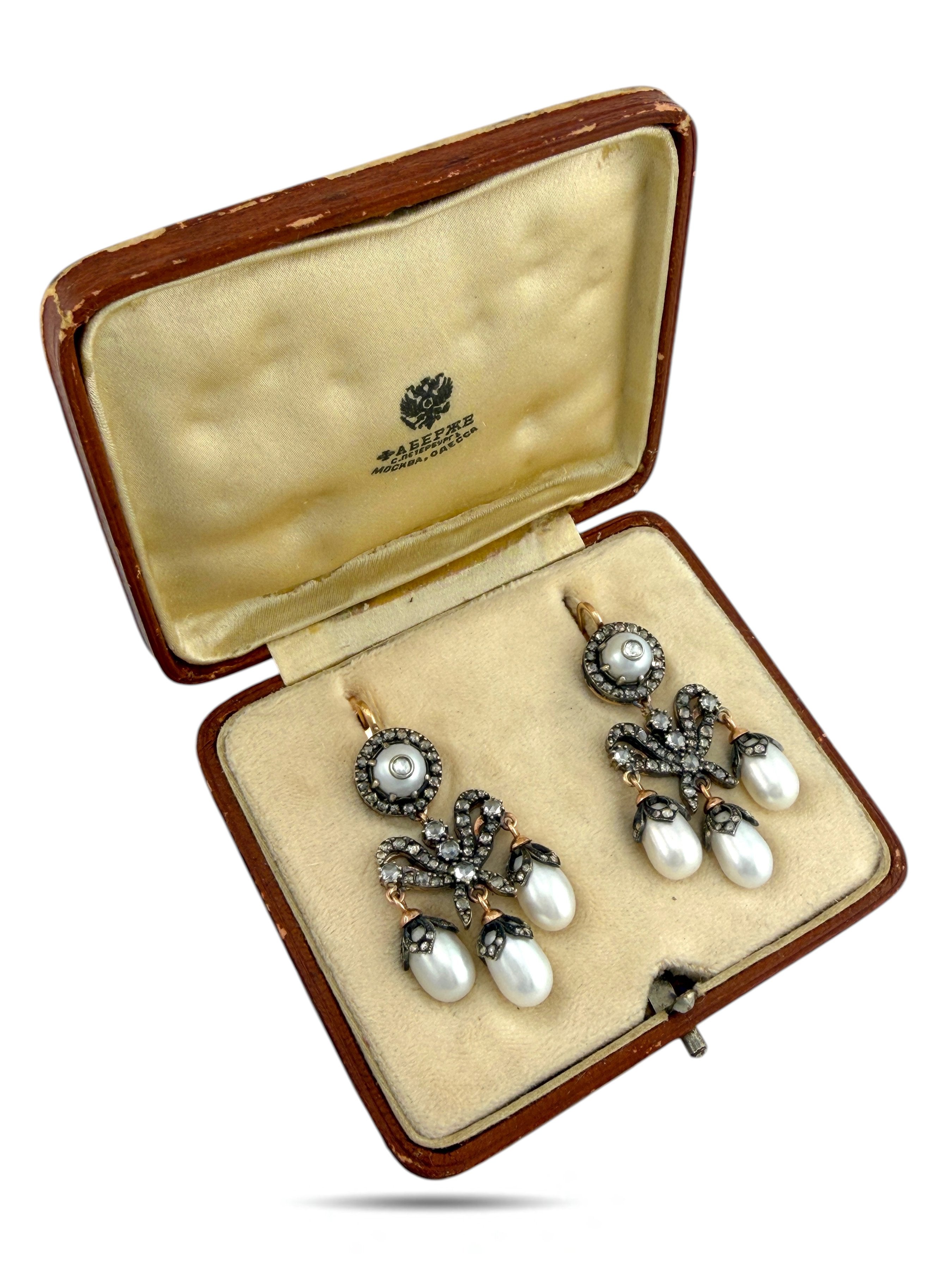 Faberge Imperial Russian Natural Pearl and 2ct Diamond Earrings