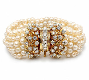 Antique 18K Yellow Gold Multi-Strand Pearl and 4.3ct Diamond Bracelet