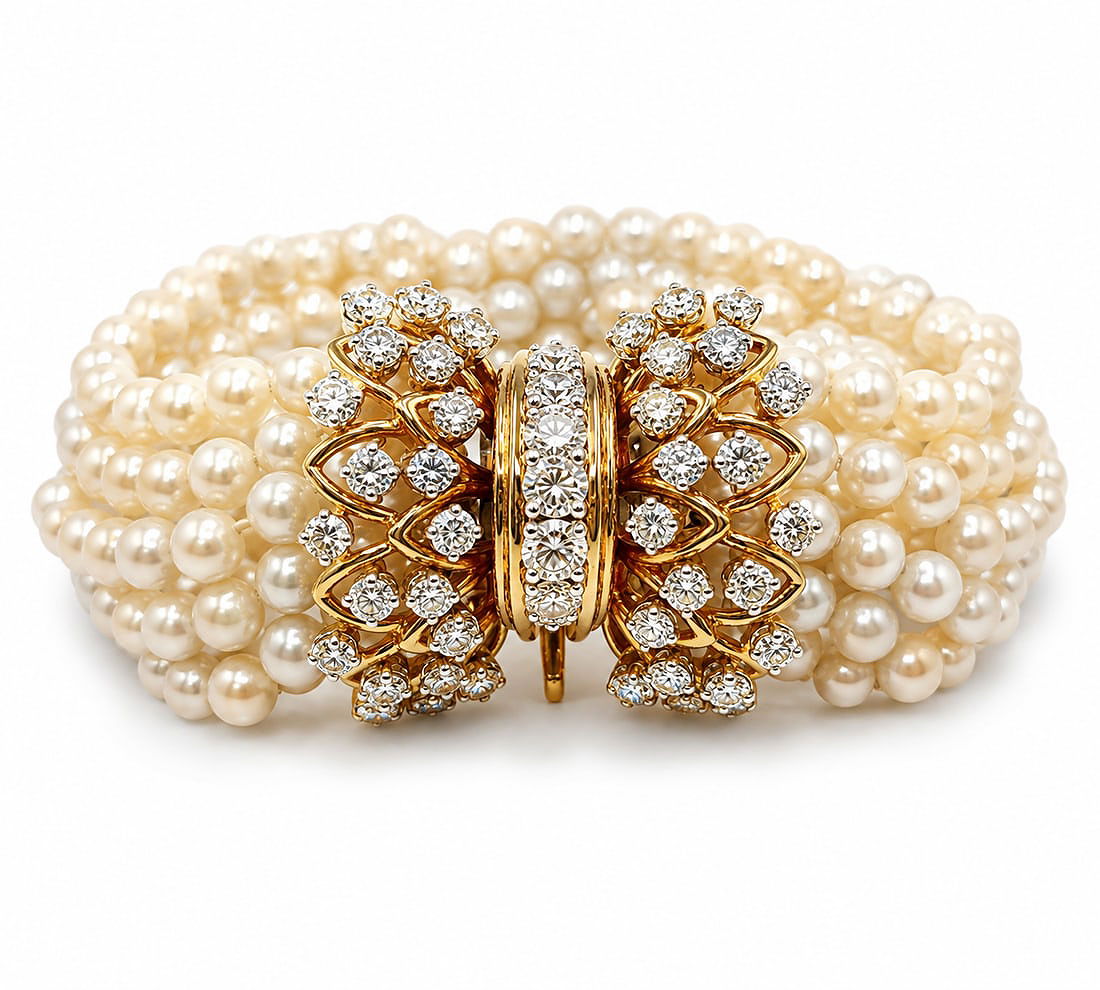 Multi-strand pearl bracelet with yellow gold diamond clasp and ornate floral motif