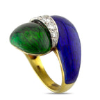 18K Yellow Gold 0.27ct Diamond, Blue, and Green Enamel Centerline Ring