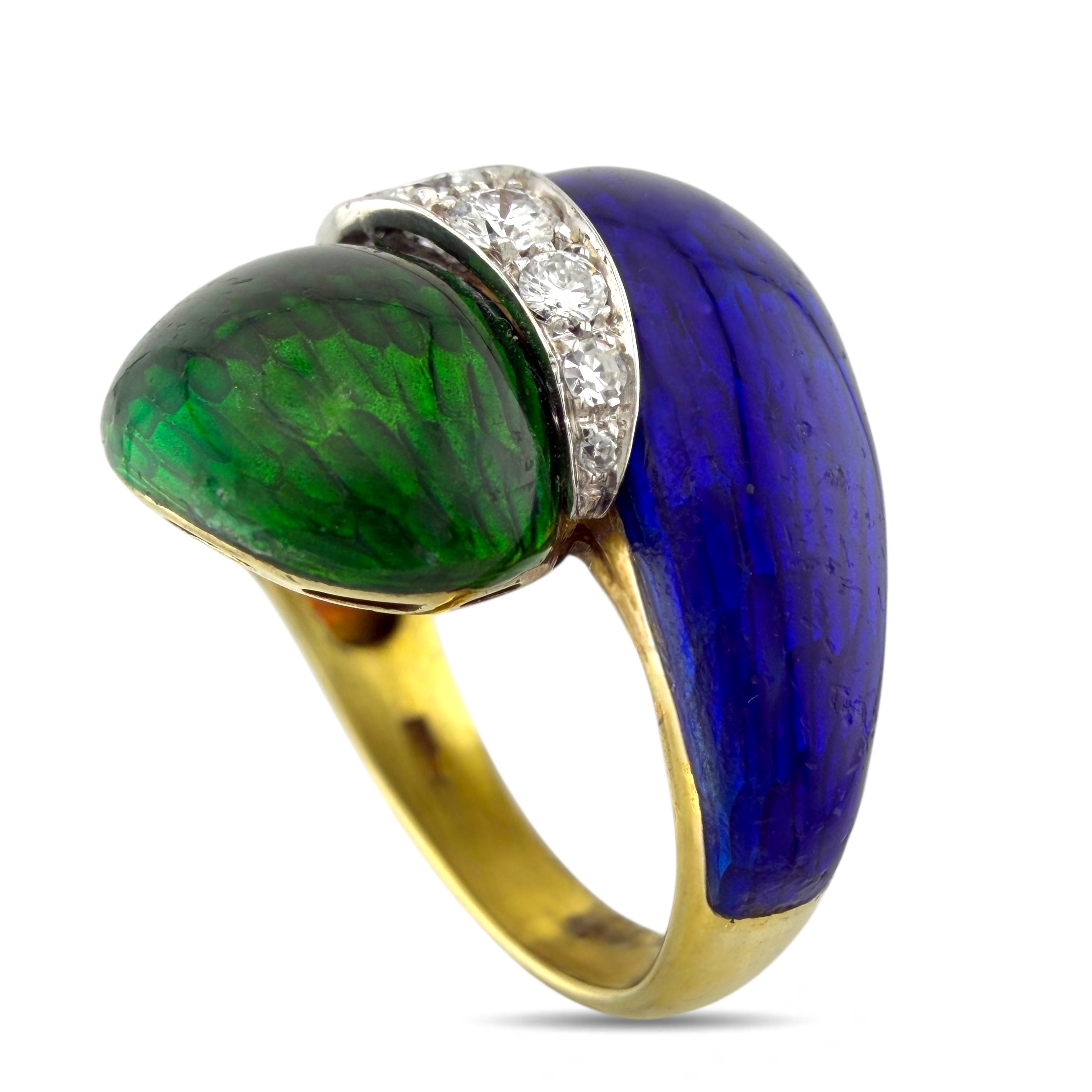 18K Yellow Gold 0.27ct Diamond, Blue, and Green Enamel Centerline Ring