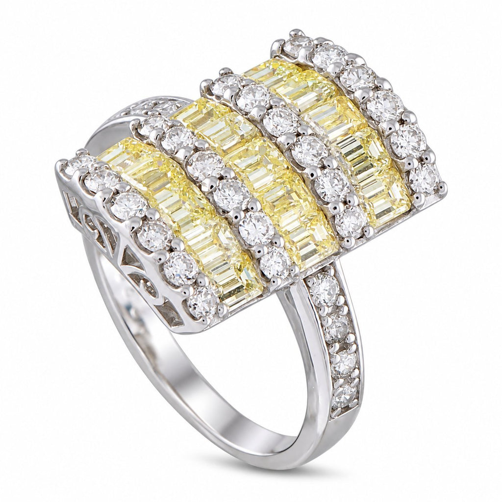 Platinum diamond ring with yellow baguette bands and sparkling halo round stones