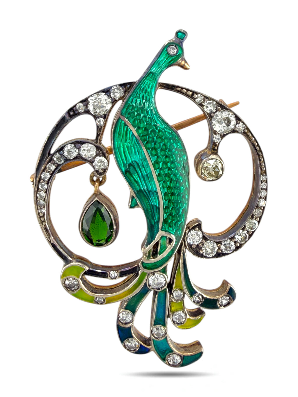 Imperial Russian Period Gold Enamel and Diamond Peacock Brooch Pre-1917