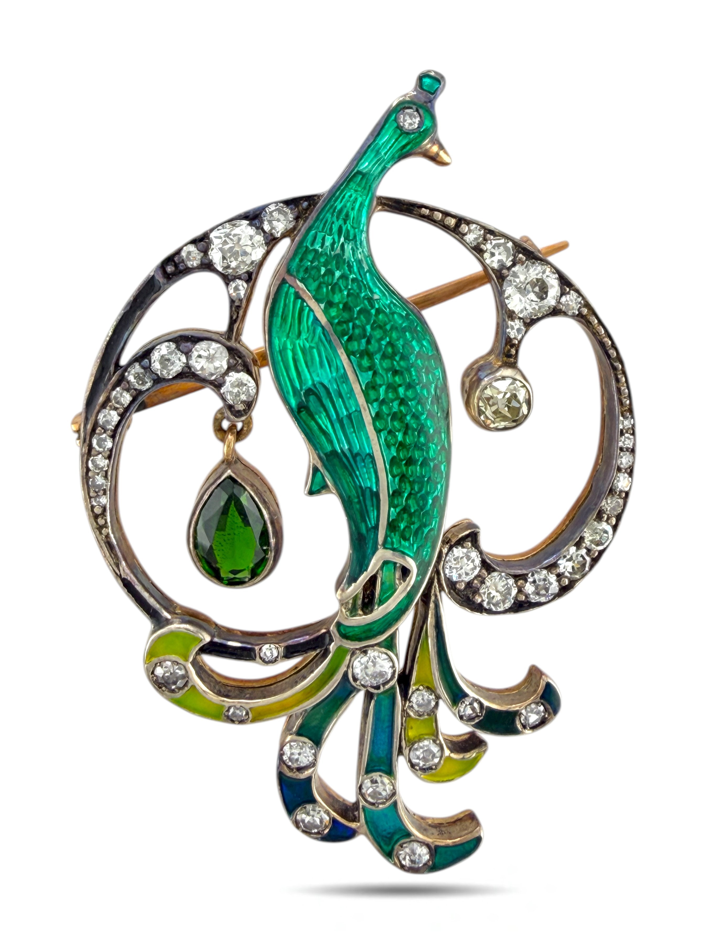 Brooch - 14 kt. Yellow gold, Imperial Russian Period, Gold,  Enamel  & Diamond Peacock Brooch Pre-1917 -  2.20ct. tw. Diamond (Natural)
