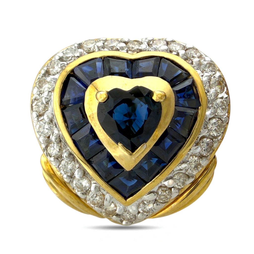18K Yellow Gold Heart-Shaped Sapphire and 1.08ct Diamond Earrings