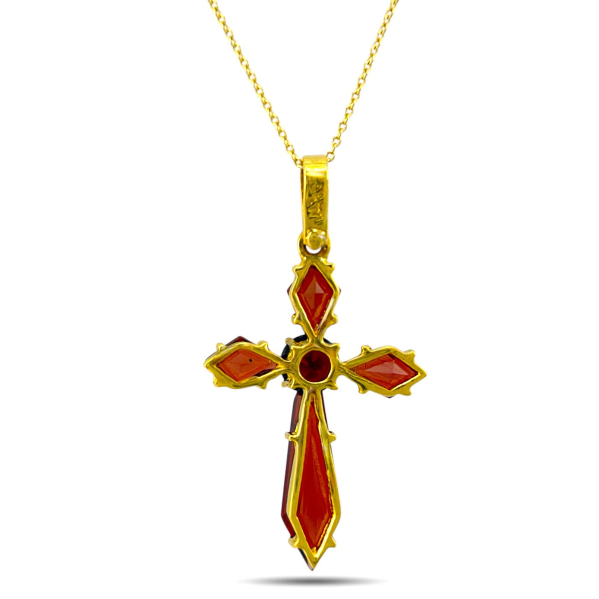 Italian 18K Yellow Gold Garnet Cross Pendant with 14K Yellow Gold Necklace, Yellow gold